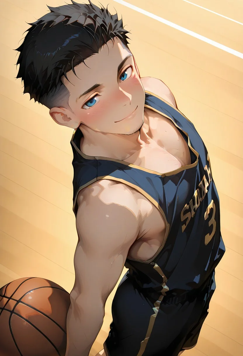 hu99y, 1boy, masterpiece,best quality,anime,[solo],
alluring face,happy,blush,lips apart,
arched back,motion blur,dynamic pose,dynamic angle,
looking at viewer,shoot from above,blue eyes,black hair,short hair,undercut,
(basketball uniform),shirt,shorts,handfixer, mature, stubble, blush, athlete