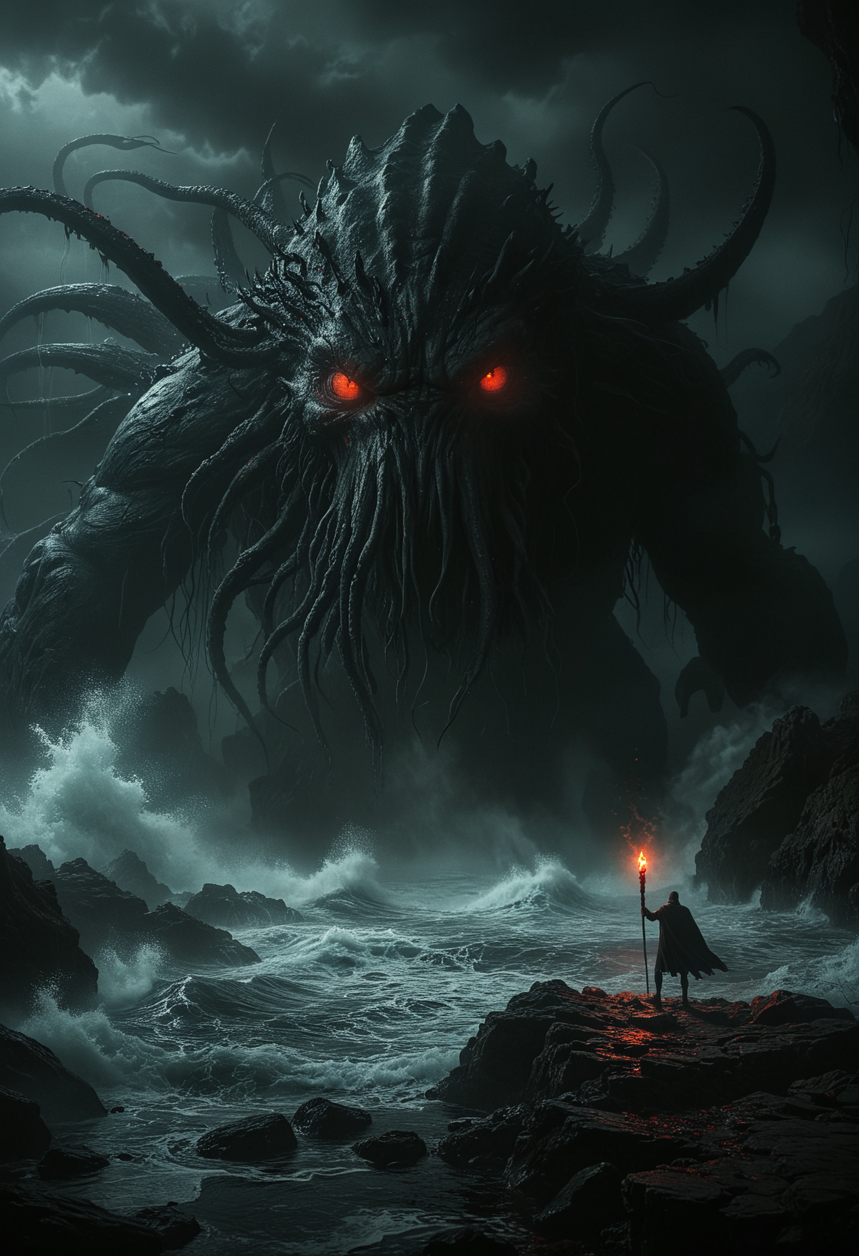 a dark foreboding scene, a colossal ancient creature emerging from the depths of the sea, the creature has a massive tentacled form with glowing red eyes casting an eerie light, a lone figure holds up a red torch standing on the rocky shore, its light barely illuminating the surroundings, The atmosphere is heavy with tension the sea crashing violently against the rocks, the creature's immense size dwarfing the solitary human, lone figure against the ancient, otherworldly beast, color palette is dark, deep blacks and greys, high contrast, <lora:MJ52:0.5>, <lora:add-detail-xl:1>, <lora:ral-ertmsphr:0.5>