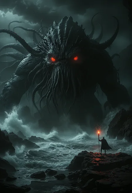 a dark foreboding scene, a colossal ancient creature emerging from the depths of the sea, the creature has a massive tentacled form with glowing red eyes casting an eerie light, a lone figure holds up a red torch standing on the rocky shore, its light barely illuminating the surroundings, The atmosphere is heavy with tension the sea crashing violently against the rocks, the creature's immense size dwarfing the solitary human, lone figure against the ancient, otherworldly beast, color palette is dark, deep blacks and greys, high contrast, <lora:MJ52:0.5>, <lora:add-detail-xl:1>, <lora:ral-ertmsphr:0.5>