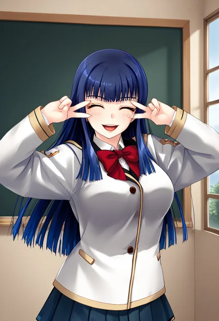 score_9,score_8_up,score_7_up,source_anime,5_figner,2d_animation,game cg,BREAK,1girl,Misato Amano,long hair,bangs,blue hair,yellow eyes,blunt bangs,smile,open mouth,blush,holding hands,closed eyes,
school uniform,white jacket,pleated skirt,red bowtie,shirt,impossible clothes,
large breasts,front view,bivgtsav, hands on own face,
school,class room,blackboard,window,standing,
masterpiece,best qualit,ultra-detailed,illustration,an extremely delicate and beautiful,beautiful detailed eyes,unity 8k wallpaper,high resolution,anime CG,official_art,