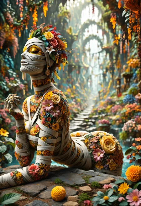 score_9, score_8_up, score_7_up, masterpiece, best quality, very detailed awesome mummy made of flowers, magical landscape with enchanted elements, fantasy art style, lemon yellow theme, intricate details, ultra sharp, exquisite detail, flawless composition, vivid colors, masterpiece, exciting background, <lora:SlimesFlowerWorldMorph:0.89> slimes_flowerwm,