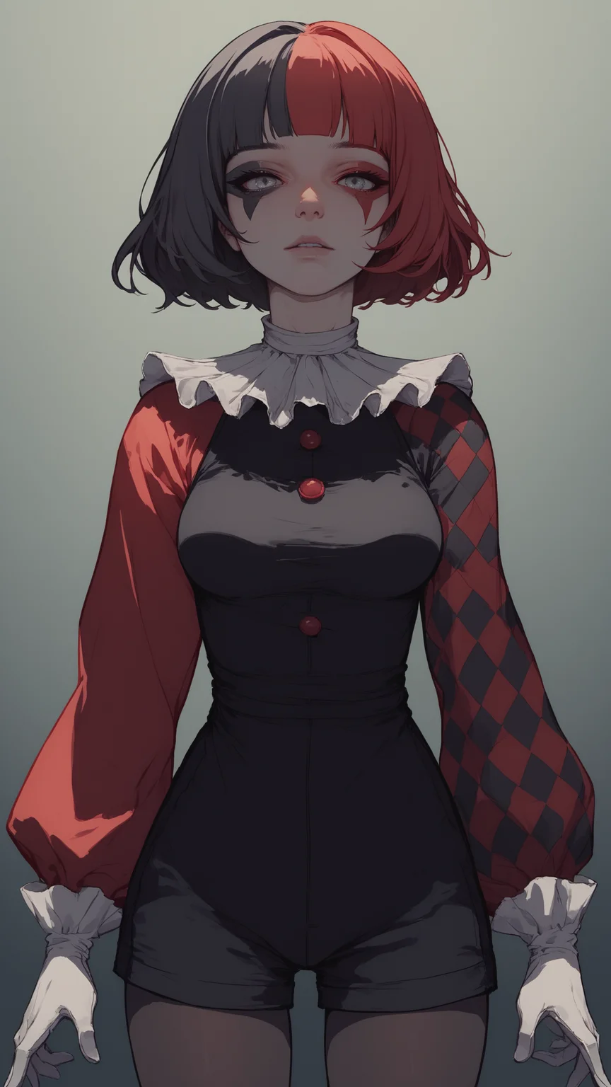 score_9, score_8_up, score_7_up, 
<lora:Muff_PDXL:1>, Маф, 1girl, white gloves, grey eyes, frilled sleeves, split-color hair, half red half black color hair, two colors rhombic makeup, neck ruff, bob cut with blunt bangs, medium breasts, ruffled collar, two colors argyle sleeve, red sleeve, black romper, black pantyhose, solo, 
front view, facing viewer, cowboy shot, 
adult girl, 21 y.o., teen, <lora:Sinozick_Style_XL_Pony:1> sinozick style, dark theme, flat color,