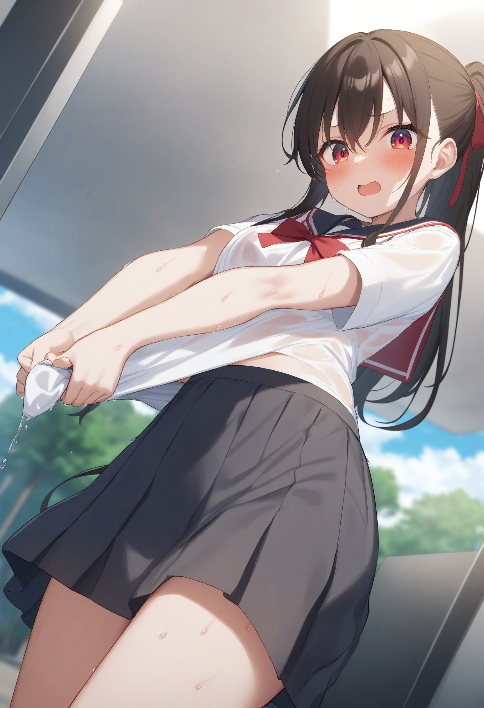 1girl,sincos, ningen mame, toosaka asagi,solo,medium breasts,school uniform,
wringing clothes, wet clothes, wet hair, water drop,short sleeves,<lora:wringingclothes_XL_v1:0.8>
dutch angle, panorama shot, looking down, gray hair, red eyes,full face blush, mountains, open mouth, high ponytail hair,,
best quality, very aesthetic, absurdres