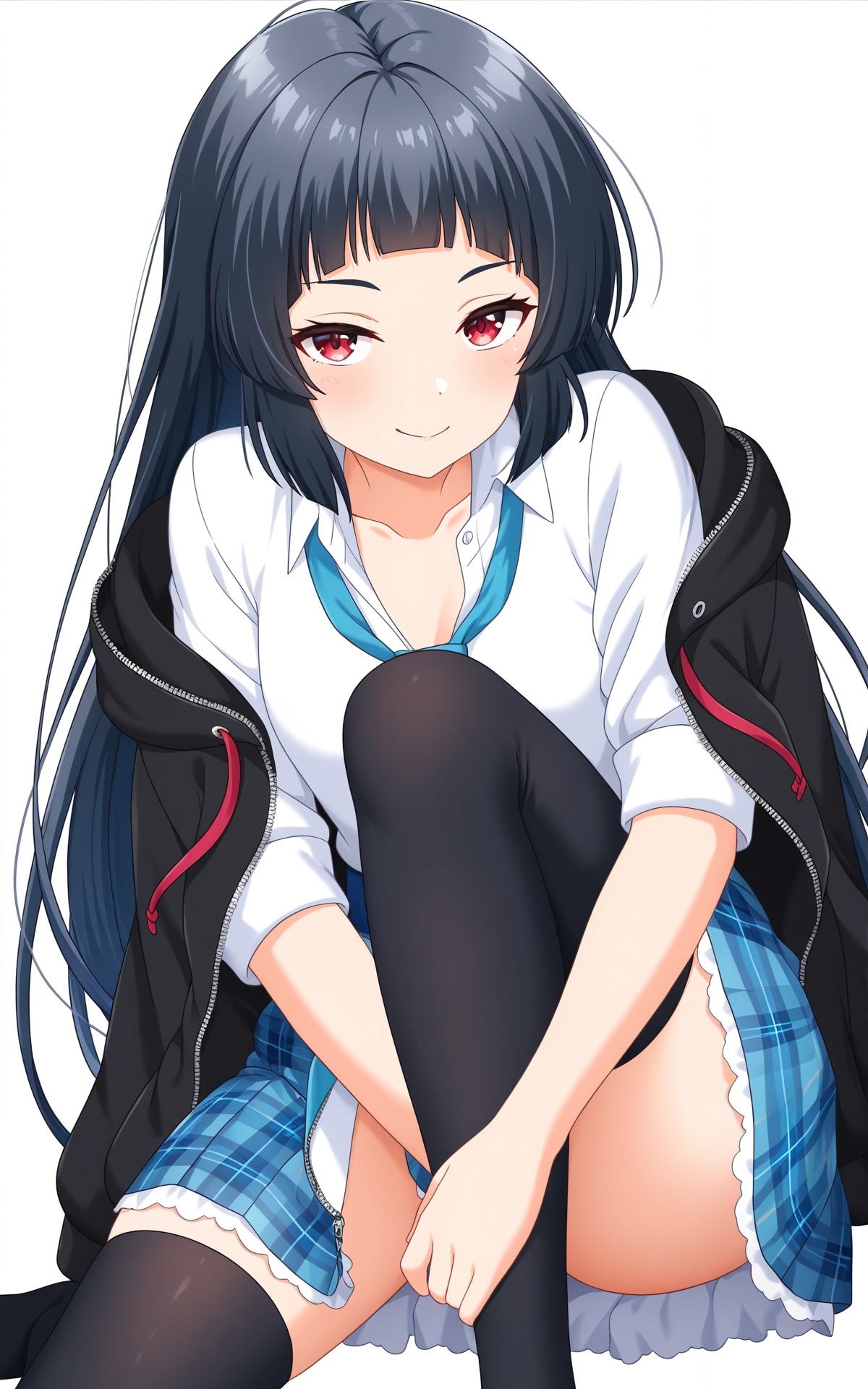 masterpiece, best quality, good quality, newest,4k, perfect lighting, cinematic, very aesthetic, official art, anime screencap, anime coloring,(((white background,simple background))),
1girl,solo,kurokawa nagiko,black hair,long hair,bangs,red eyes,seio school uniform,hoodie,zipper,unzipped,open clothes,white shirt,collared shirt,collarbone,blue necktie,blue skirt,plaid skirt,pleated skirt,miniskirt,black thighhighs,
sitting,hugging own legs,looking at viewer,seductive smile,full body,BREAK
<lora:ILnagiko:0.8>