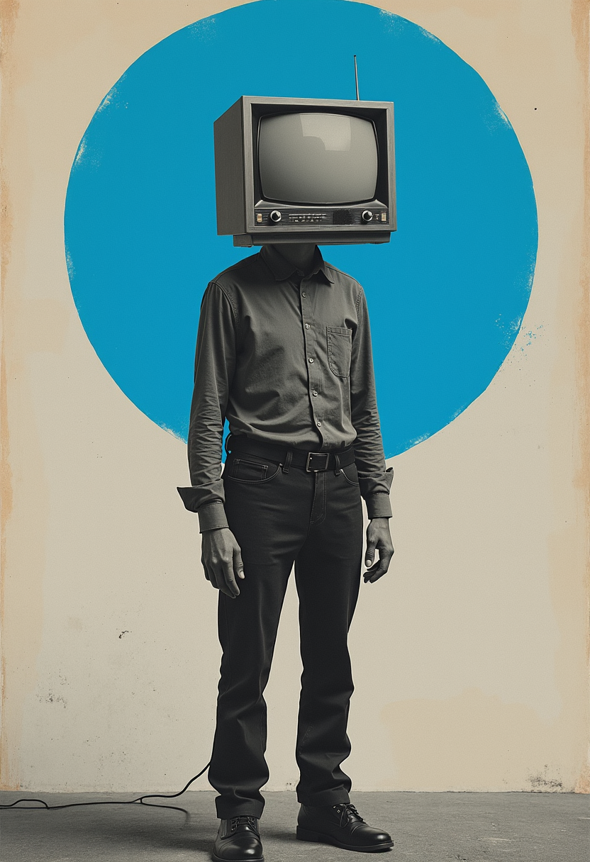 Overall Impression

The image is a surreal and thought-provoking collage that combines elements of human form and technology. It evokes a sense of irony and a commentary on the influence of media on society.

Color Scheme and Tones

Dominant Colors: The image is primarily composed of muted tones, with a light gray background and black and white elements for the figure.
Contrasting Colors: The bright blue circle behind the figure's head provides a striking contrast, drawing attention to the unusual headpiece.
Muted Palette: The overall muted palette emphasizes the surreal and dreamlike nature of the image.
Composition

Central Focus: The figure with the television head is the central focus of the image.
Asymmetrical Balance: The asymmetrical arrangement of the figure and the blue circle creates a dynamic and visually interesting composition.
Negative Space: The empty space surrounding the figure and the circle adds to the surreal and dreamlike atmosphere.
Textures and Graphic Patterns

Mixed Textures: The image combines the smooth texture of the painted figure with the rough texture of the paper background.
Graphic Patterns: The geometric shapes of the television and the circle add a sense of order and structure to the image.
Unique Artistic Technique (Collage)

The image is created using a collage technique, combining elements from different sources. This technique allows for the creation of surreal and dreamlike scenes that defy the laws of reality.

Important Details

Symbolism: The television head symbolizes the influence of media on our thoughts and perceptions.
Surrealism: The image is highly surreal, blending elements of the human form with technology.
Humor: The image has a humorous undertone, suggesting a playful critique of our reliance on technology.
Overall Interpretation

This image is a powerful and thought-provoking piece of art that invites the viewer to consider the impact of technology on our lives. The surreal composition, muted colors, and clever use of collage technique create a visually engaging and intellectually stimulating experience.