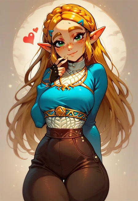 score_9, score_8_up, score_7_up, score_6_up, 1girl, solo, princess Zelda (breath of the wild) ,cute,  freckled face, slim waist, cute round face, lidded eyes, red cheeks , brown pants, clothes on, hourglass body,looking at viewer, lots of hearts, seductive eyes, safe for work