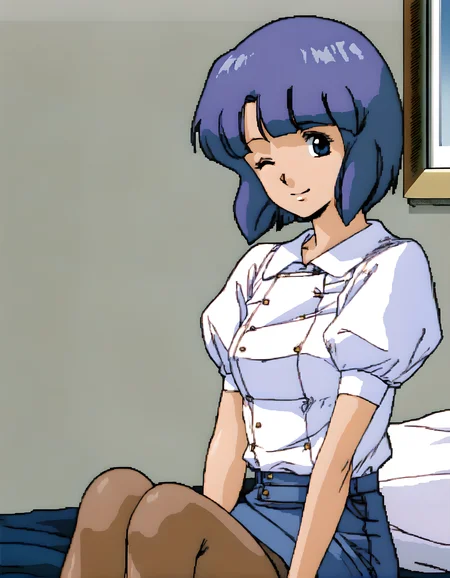 <lora:pony_xl_miki>,miki,score_9,score_8_up,score_7_up,source_anime,1girl,best quality,masterpiece,super fine illustration,solo,white shirt,puffy sleeves,pencil skirt,denim_skirt,pantyhose,indoor,bed_sheet,window_,curtains,cowboy_shot,sitting,hand_between_legs,wariza,knees_together_feet_apart,smile,one eye closed,