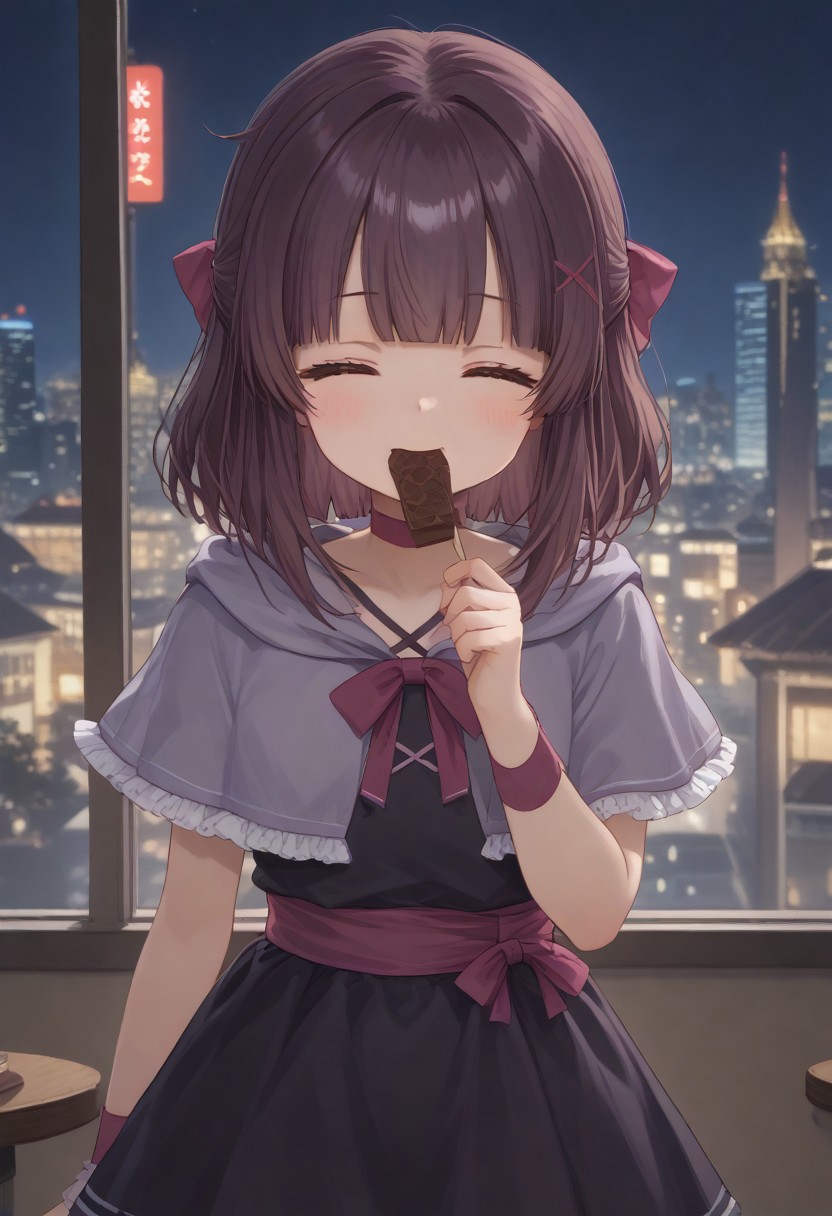 1girl, solo, solo focus, highres, absurdres, Shondo1st, bangs, closed eyes, hair bow, brown hair, medium hair, petite, sidelocks, flat chest, black dress, criss-cross halter, frilled dress, waist bow, pink bow, single wrist cuff, arm ribbon, pink ribbon, pink choker, chocolate, food-themed clothes, collarbone, grey capelet, hooded capelet, hood down,
looking at viewer, holding food, eating, happy, onigiri,
cafe, window, cityscape, neon lights, night, night sky, dark, backlighting,