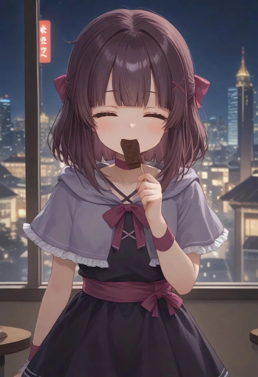 1girl, solo, solo focus, highres, absurdres, Shondo1st, bangs, closed eyes, hair bow, brown hair, medium hair, petite, sidelocks, flat chest, black dress, criss-cross halter, frilled dress, waist bow, pink bow, single wrist cuff, arm ribbon, pink ribbon, pink choker, chocolate, food-themed clothes, collarbone, grey capelet, hooded capelet, hood down,
looking at viewer, holding food, eating, happy, onigiri,
cafe, window, cityscape, neon lights, night, night sky, dark, backlighting,