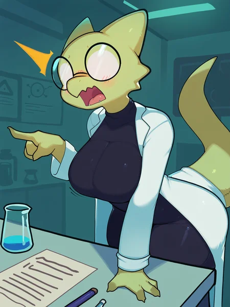 (masterpiece, best quality, very aesthetic, absurdres, artist:kyurisawa) 1girl, female, kobold, laboratory, lab coat, round glasses, obscured eyes, white glasses, green scales, nerd, blush, pointing, hand on table, beaker, big breasts, open mouth, yelling, tight clothing, <lora:Kyruisawa_Style_Ill:1>