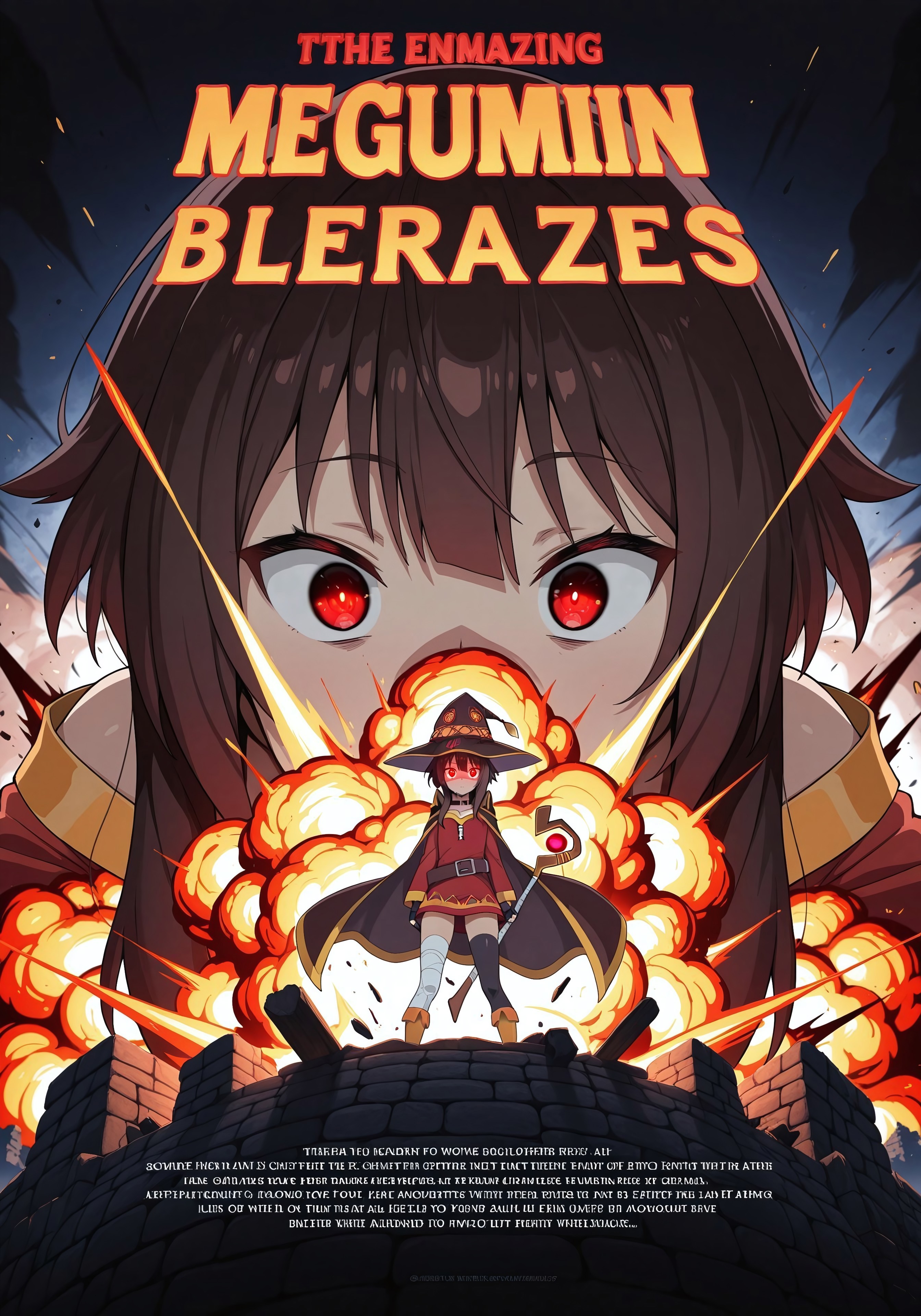 masterpiece, amazing quality, best quality, ultra-detailed, 8K, ultra-detailed-eyes, newest, highres, absurdres, english text, megumin, explosion, glowing eyes, red eyes, 