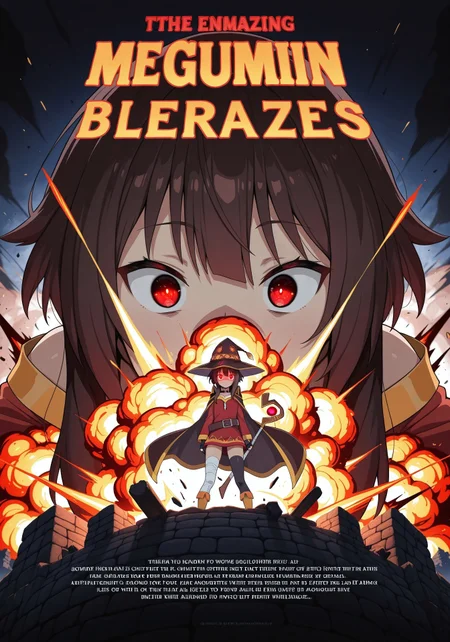 masterpiece, amazing quality, best quality, ultra-detailed, 8K, ultra-detailed-eyes, newest, highres, absurdres, english text, megumin, explosion, glowing eyes, red eyes, 