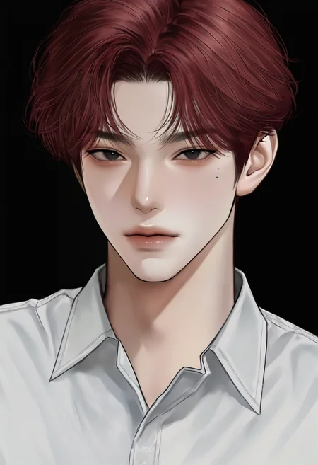 <lora:KoreanStyleSDXLvpred10:1>, AiKoreanStyle, 1boy, male focus, looking at viewer, red hair, portrait, black background, short hair, simple background, closed mouth, white shirt, black eyes, mole under eye, collared shirt, parted bangs, lips, masterpiece, best quality, year 2024, newest, highres, absurdres, very awa,