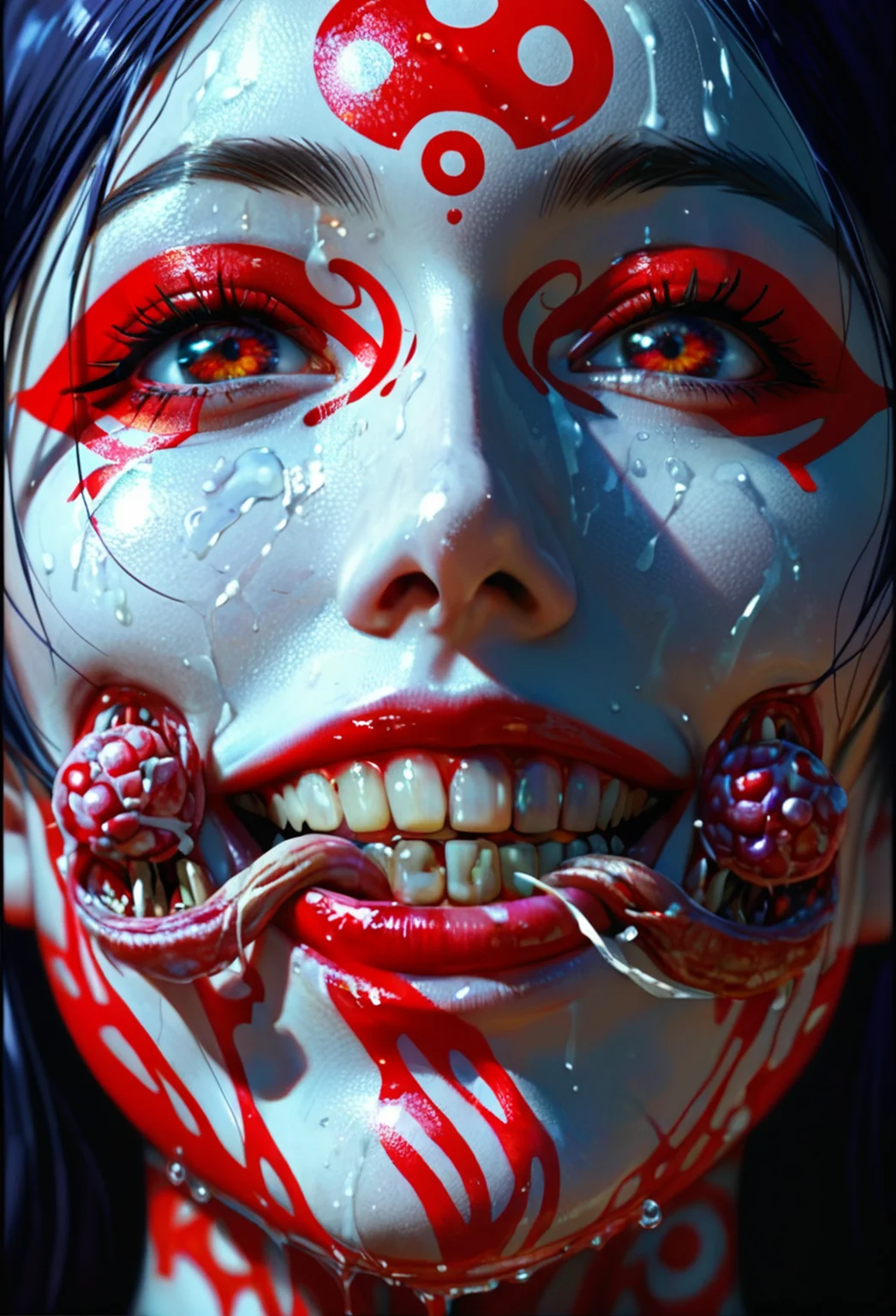score_9, score_8_up, score_7_up, FGO poster art design, minamoto no raikou, yandere smile, nightmare mandala, beautiful, digital effect, neon accents, clear line, comic style, anime, grotesque, water paint, hellscape background