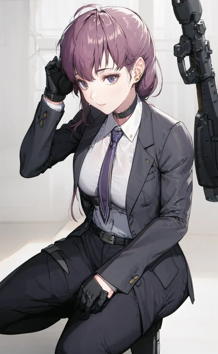 <lora:NIKKE_TetraLine_dolla_v1_epoch-000006:1:NP> best quality, ultra-detailed, dolla, 1girl, solo, long_hair, breasts, bangs, brown_hair, shirt, gloves, long_sleeves, closed_mouth,, purple_eyes, jacket, full_body, weapon, ponytail, purple_hair, white_shirt, ahoge, open_clothes, necktie, choker, black_gloves, belt, collared_shirt, pants, , black_footwear, open_jacket, black_jacket, , formal, black_pants, suit,, purple_necktie, earpiece, (one knee, :1.4) room, indoors, (looking at viewer:1.2),, (tilt head ,hand on own head:1.2),