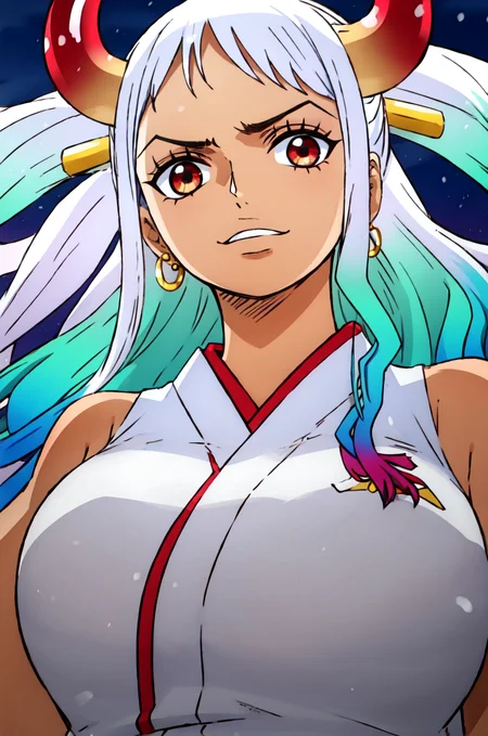 1girl, yamato_5000, white hair, green hair, gradient hair, horns, wanostyle, ring earrings, ((masterpiece)), ((best quality)), extremely detailed, bloom, kimono, traditional clothing, depth of field, sketch, dark intense shadows, sharp focus, soft lighting, darkness, good composition, solo, outdoors, night, from below, upper body, <lora:wanostyle_2_offset:0.8>