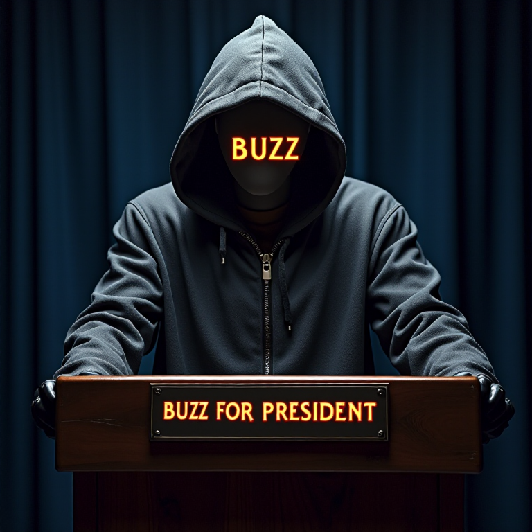 the words buzz glow from inside a hood figure behind a podium that has a plaque thatreads buzz for president