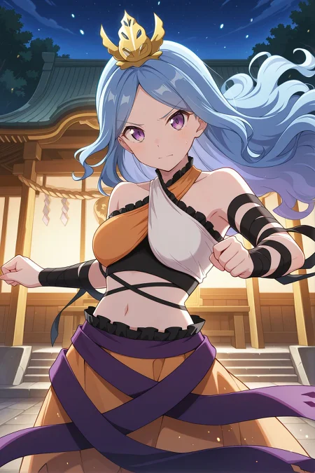 absurdres, highres, masterpiece, best quality, amazing quality, official anime artwork, screencap, anime screencap, outdoors, looking at viewer, dynamic pose,
<lora:Ubame-Chirizuka_Illustrious:1> chirizuka ubame, 1girl, solo, purple eyes, blue hair, long hair, wavy hair,, gold crown, bare shoulders, multicolored crop top, sleeveless shirt, black arm wrap, black ribbon, midriff, orange skirt, purple ribbon,
night, danmaku, floating hair, temple, shrine,