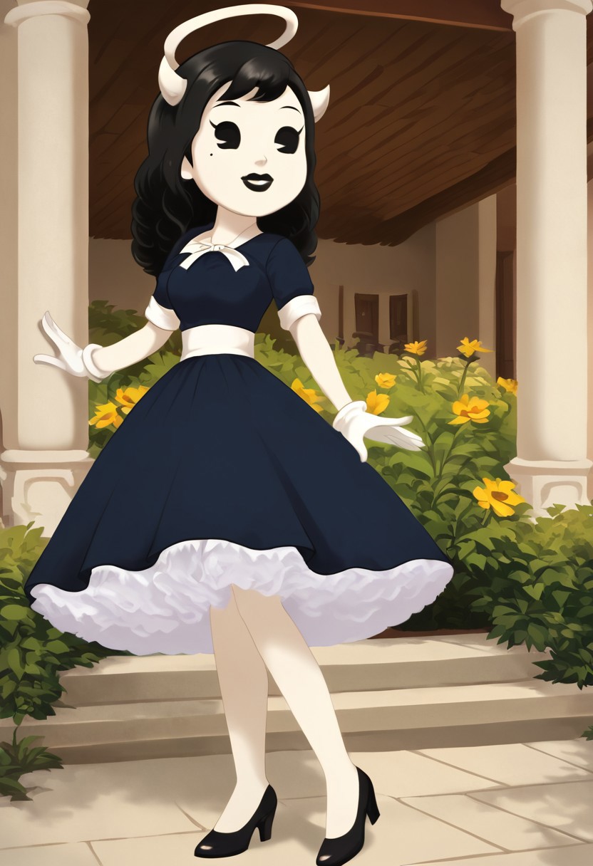 (Masterpiece, best quality:1.2), score_9, score_8_up, flat color, flat shading, soft shading, lighting, Alice Angel in a 1950's dress with a button down top, a fluffy frilly ruffled full petticoat, and high heels, dress, layered petticoat, frilly petticoat, fluffy petticoat, full petticoat, wide dress, flowing dress, long skirt, solid colored skirt, short sleeves, black hair, Bendy and The Ink Machine, series accurate, cute, best high quality, high res, black lips, white colored skin, whole body shot, 1girl, solo, outside, standing straight, in a garden, cute, adorable, smile, low angle shot, cartoon, cartoon style, vector, solo, circle dress, 1950s, alice angel