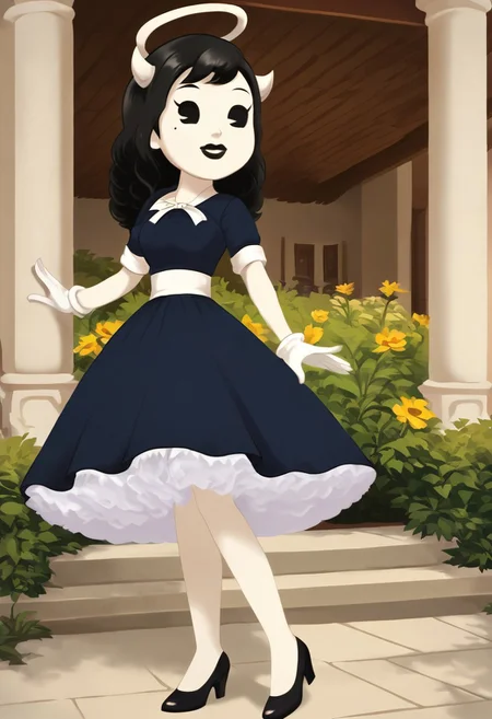 (Masterpiece, best quality:1.2), score_9, score_8_up, flat color, flat shading, soft shading, lighting, Alice Angel in a 1950's dress with a button down top, a fluffy frilly ruffled full petticoat, and high heels, dress, layered petticoat, frilly petticoat, fluffy petticoat, full petticoat, wide dress, flowing dress, long skirt, solid colored skirt, short sleeves, black hair, Bendy and The Ink Machine, series accurate, cute, best high quality, high res, black lips, white colored skin, whole body shot, 1girl, solo, outside, standing straight, in a garden, cute, adorable, smile, low angle shot, cartoon, cartoon style, vector, solo, circle dress, 1950s, alice angel