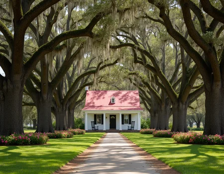 raw photo, view looking down a realistic detailed wagon trail leading to an old 2-story white painted southern antebellum plantation with a red metal roof, white Corinthian columns in front, wagon trail is lined on both sides by high detailed realistic ancient live oak trees, Spanish moss hanging from oak tree limbs, oak trees creating an arched canopy shading the trail, (((realistic multi-colored flowering azaleas surround the base of each oak tree))), a black rocking chairs on each side of front door on the porch,  detailed realistic grass, ultra sharp focus, photorealistic, 8k, 4k, hd