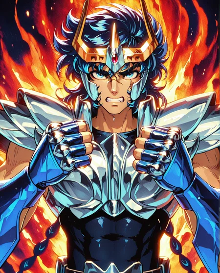 masterpiece, best quality, amazing quality, IKKIV2IL, 1boy, male focus, circlet, blue hair, wavy hair, blue eyes, scar on face, toned male, silver breastplate, silver pauldrons, fingerless gloves, blue vambraces, sleeveless, belt, belt buckle, dark blue bodysuit, winged armguard, FMIXF, vibrant details, rdf01, large iris, upper body, clenched teeth, fist, looking at viewer, straight-on, flame background, holding fried chicken