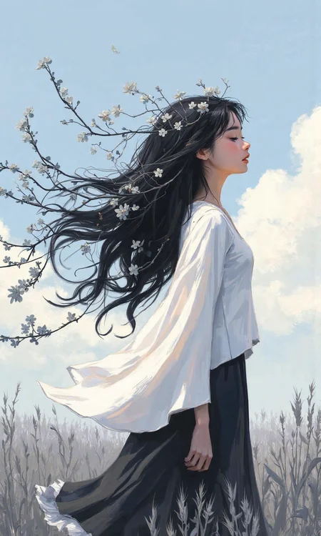 Full shot digital artwork with a flat and minimalist style depicts a young woman standing on a field appearing from the center right side of the image, her body is positioned in a side profile facing towards the right and her head is also in a side profile view with a slight downward tilt, her body pose is standing upright and slightly bent forward, creating a gentle curve suggesting a subtle S shape, her face is in a profile view looking downwards to the right side of the image, her arms are positioned at her sides and are not visible, the image is made of smooth lines and duo color grayscale and light blue tones, the womanâs long black hair is styled to flow dynamically to the left side, creating a dominant flowing shape that starts from the top of her head and extends horizontally to the left side of the image, her face shows delicate and simple features with closed eyes with simple eyelashes, a small rounded nose, and a soft smile with gentle curves of her mouth and chin, her eyes are closed and gently curved downwards suggesting a peaceful or dreamy expression, her hairstyle is long and flowing to the left side with some strands falling loose near her face, and stylized black branches with duo color gray and black small flowers are adorned and flowing with her hair to the left side, her hair color is a solid black, she is wearing a duo color white and black dress that drapes loosely around her body, the top part of the dress is white and the skirt part is black with a white ruffled hemline, the dress has smooth lines and simple shapes, no accessories are visible, the background is a duo color grayscale and light blue landscape, the upper portion is a light blue sky with soft gray clouds, the lower portion of the background depicts a field of wheat in grayscale tones with subtle variations in shade to suggest texture and depth, soft and diffused lighting illuminates the scene evenly, casting minimal shadows that maintain the flat and minimalist style., <lora:FLUX-daubrez-DB4RZ-v2:0.35> DB4RZ, DB4RZ style painting
<lora:aidmaMJ6.1_v0.5_3:0.35> aidmamj6.1, aidmamj6
 <lora:samdoesarts:0.5>