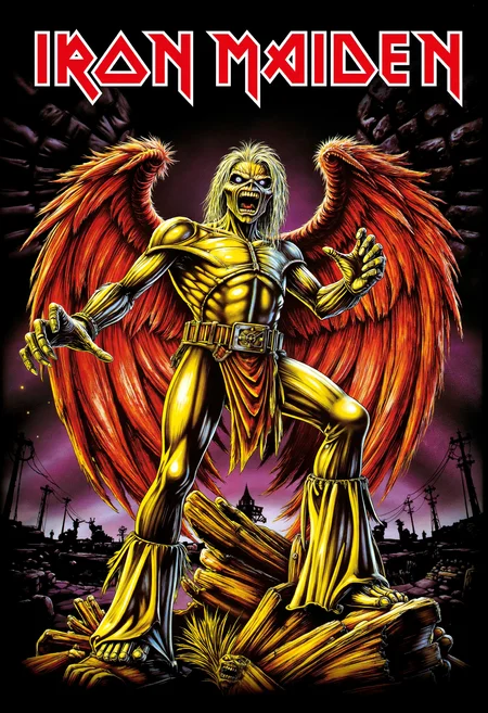 in the style of ckim, iron maiden text