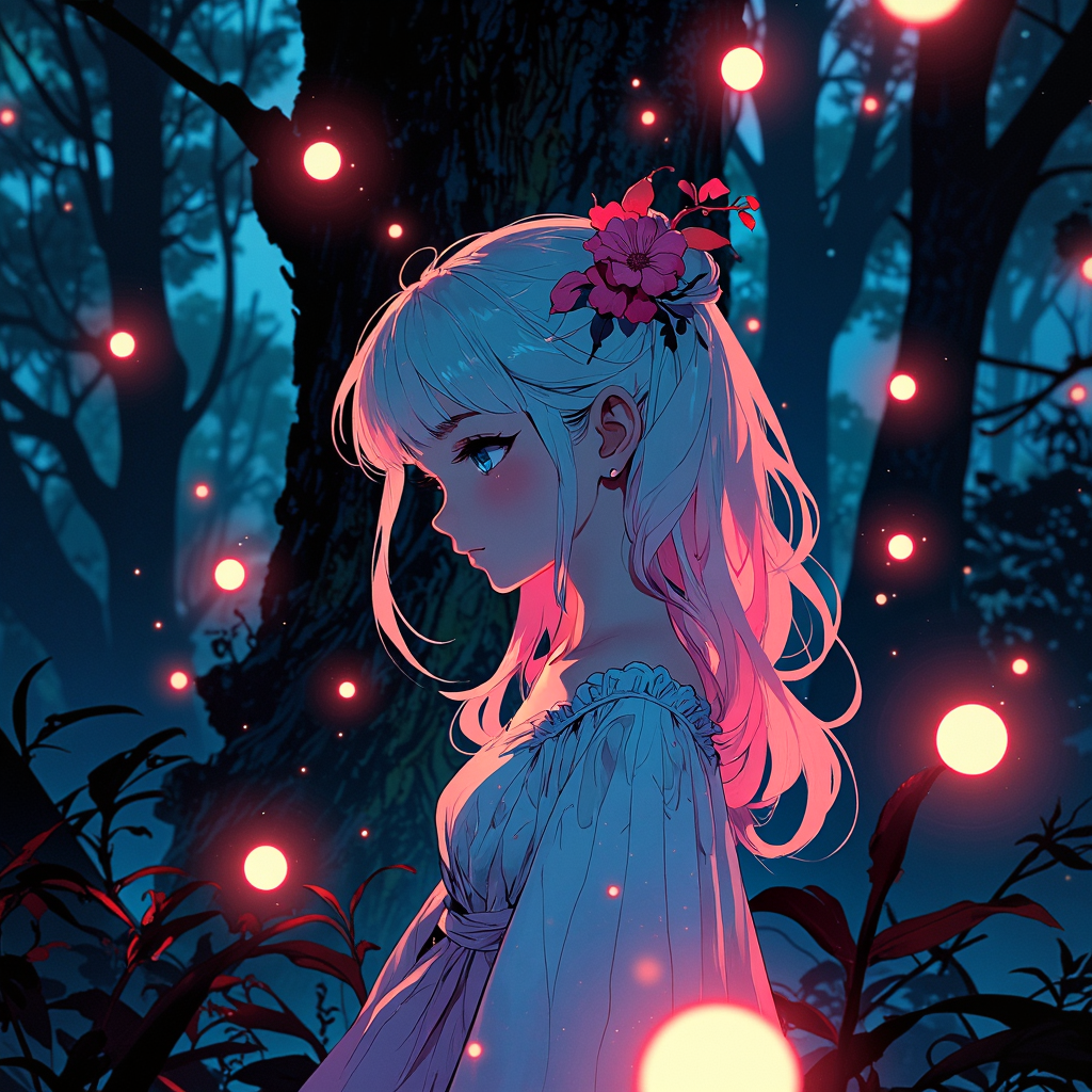 animeniji, AnimeNiji, anime, niji, (off-center composition, close up Portrait), Anime girl in a magical forest, wearing a flowing gown, surrounded by glowing fireflies and ancient trees, soft pastel colors.