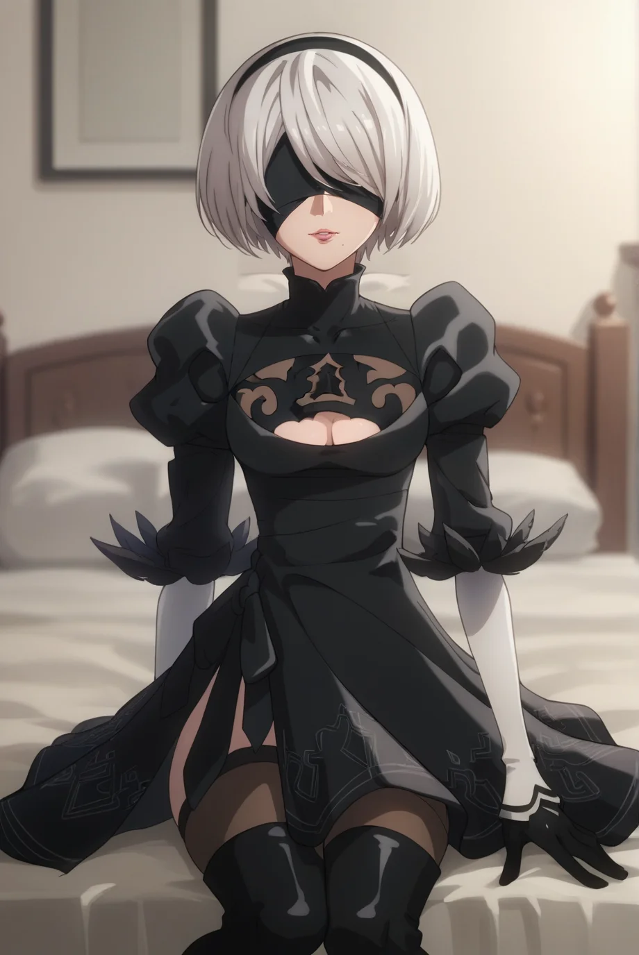 score_9, score_8_up, score_7_up, score_6_up, score_5_up, score_4_up, BREAK source_anime, 1girl, solo,
<lora:2BXL-v2-07:0.8>, Chopio2B, short hair, white hair, bob cut, black hairband, mole under mouth, blindfold, covered eyes, looking at viewer,
medium breasts, pink lips,
outfit_1, black dress, cleavage cutout, juliet sleeves, feather-trimmed sleeves, layered sleeves, black gloves, black stockings, black footwear, thigh boots, high heel boots,
bedroom, bed, seductive smile, parted lips, sitting, arm support,