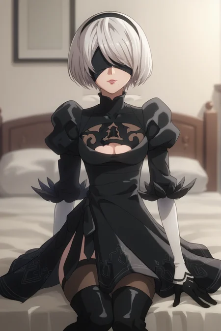 score_9, score_8_up, score_7_up, score_6_up, score_5_up, score_4_up, BREAK source_anime, 1girl, solo,
<lora:2BXL-v2-07:0.8>, Chopio2B, short hair, white hair, bob cut, black hairband, mole under mouth, blindfold, covered eyes, looking at viewer,
medium breasts, pink lips,
outfit_1, black dress, cleavage cutout, juliet sleeves, feather-trimmed sleeves, layered sleeves, black gloves, black stockings, black footwear, thigh boots, high heel boots,
bedroom, bed, seductive smile, parted lips, sitting, arm support,