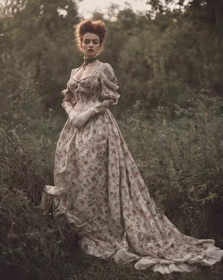 sultry aristocrat model (wearing gloves:1.2), the! most! beautiful!, full body pinup, intricate dress, victorianstyle, 1880s, cottagecore , RAW photo, analogue style, depth of field, photography by Marta Bevacqua <lora:victoriansxl_v1:0.6>