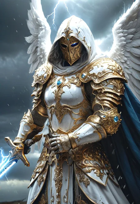 A stunning, highly detailed dark fantasy full body illustration of a proud angelical warrior wearing intricate medieval white HKStyle armor and an epic white ornamented mask, holding a great golden glowing sword, golden and blue glooming eyes, very wide shoulders, wearing big gauntlets, epic composition. The warrior stands heroic with a flowing cloak and white hood during a storm with foggy gloom, thunderclouds in the background . The scene depicts him with brooding emotional agony , style by Greg Rutkowski, by Milo Manara and Russ Mills, with insanely intricate details and textures, gloomy dramatic lighting, 8K resolution
<lora:HKStyle:0.85>, HKStyle,
<lora:add-detail-xl:0.75>,
<lora:quality1:0.75>,
<lora:extremely_detailed:0.6>, extremely detailed,
 <lora:ral-bling-sdxl:0.7> ral-bling,