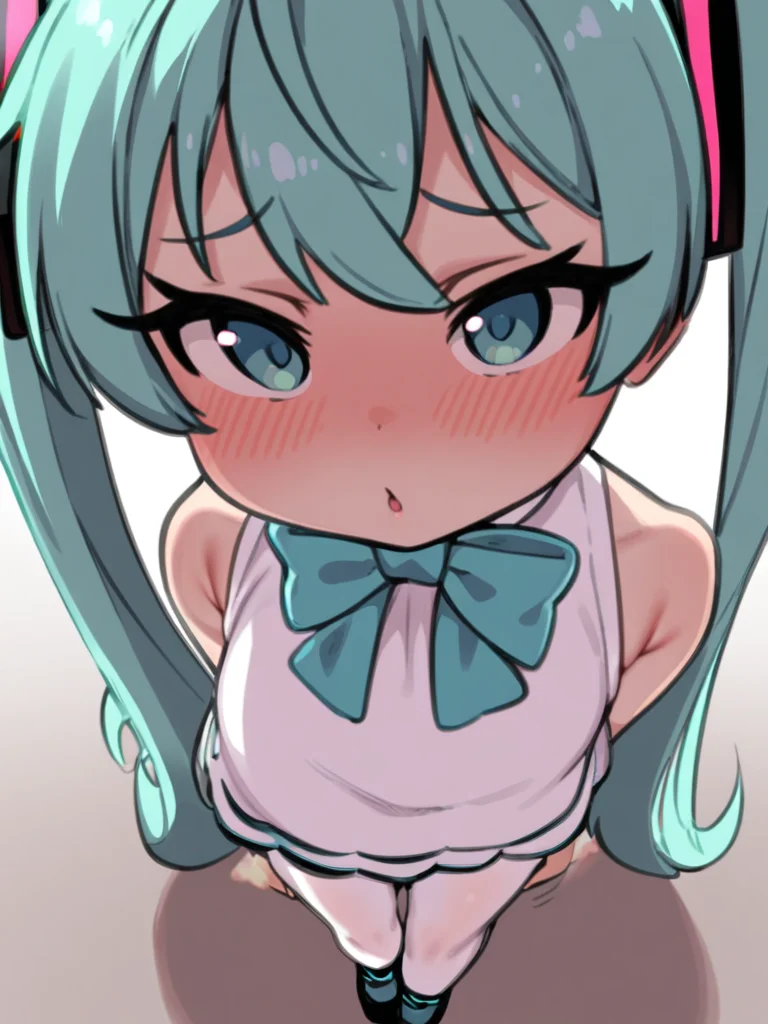 masterpiece, best quality, <lora:style578-a31-000020:1>,
1girl,hatsune miku,green hair,long hair,twintails, headgear, blush,white dress,white pantyhose,