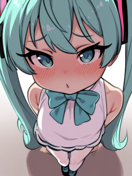 masterpiece, best quality, <lora:style578-a31-000020:1>,
1girl,hatsune miku,green hair,long hair,twintails, headgear, blush,white dress,white pantyhose,