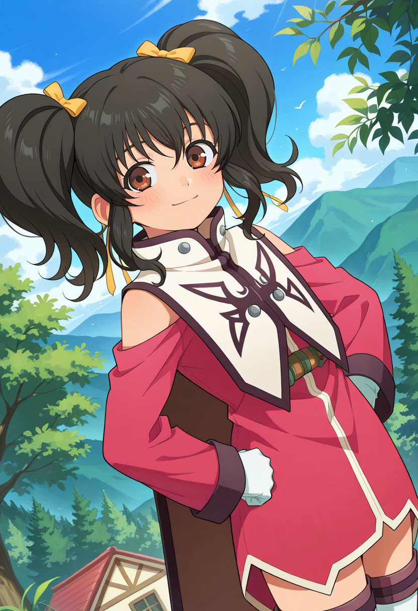 village, trees, flowers, clouds, day, outdoor,
BREAK,
light smile, blush, hands on hips,
cowboy shot, from side, dynamic angle,
BREAK,
<lora:aniseover_illustriousXL_v01:0.9>
anisedef,  black hair, brown eyes, twintails, sidelocks,  hair bow, 
anisebase, white gloves, bare shoulders, detached collar, long sleeves, off shoulder, pink robe, tabard, capelet, 
thigh boots, white thigh boots, 
anisesheath,, source_anime, very aesthetic, anime coloring, masterpiece, 
best quality, amazing quality, ultra detailed, very aesthetic, 
detailed background, 
BREAK,