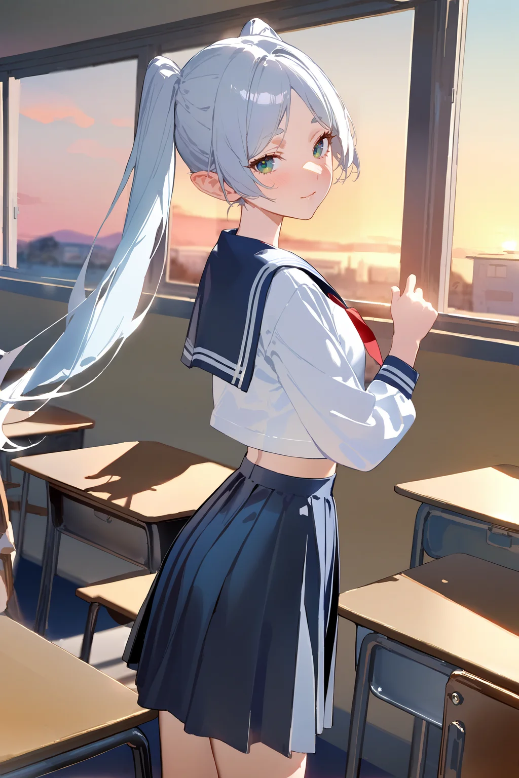 masterpiece, best quality, very aesthetic, ray tracing, newest, (hitenkei, askzy:0.4),1girl, frieren, twintails, school uniform, serafuku, cowboy shot, sunbeam, sunset, classroom, indoors, window, light smile, blush, looking at viewer, facing viewer <lora:quality1:0:hr=2>, <lora:Char-Frieren-XL-V1:0.9>