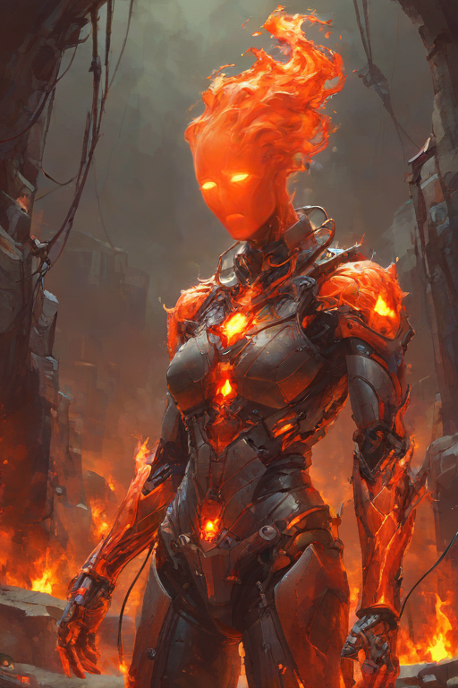 score_9,score_8_up,<lora:Turbo_XL:1>,1girl,maximum details,cybernetics,human-machine fusion,dystopian,organic meets artificial,dark,intricate,futuristic,technological,cybernetic enhancements,robotics,artificial intelligence themes,android,AI,machine,metal,wires,tech,biomechanical cyberpunk,<lora:FireHuman:1>,firehuman,colored skin,orange fireskin,fire,empty eyes,<lora:BeautyInEvilPony:0.6>,hkevil,<lora:HerrscherAGGA2024_Nameless_Style_V2:0.4>,nameless_style,