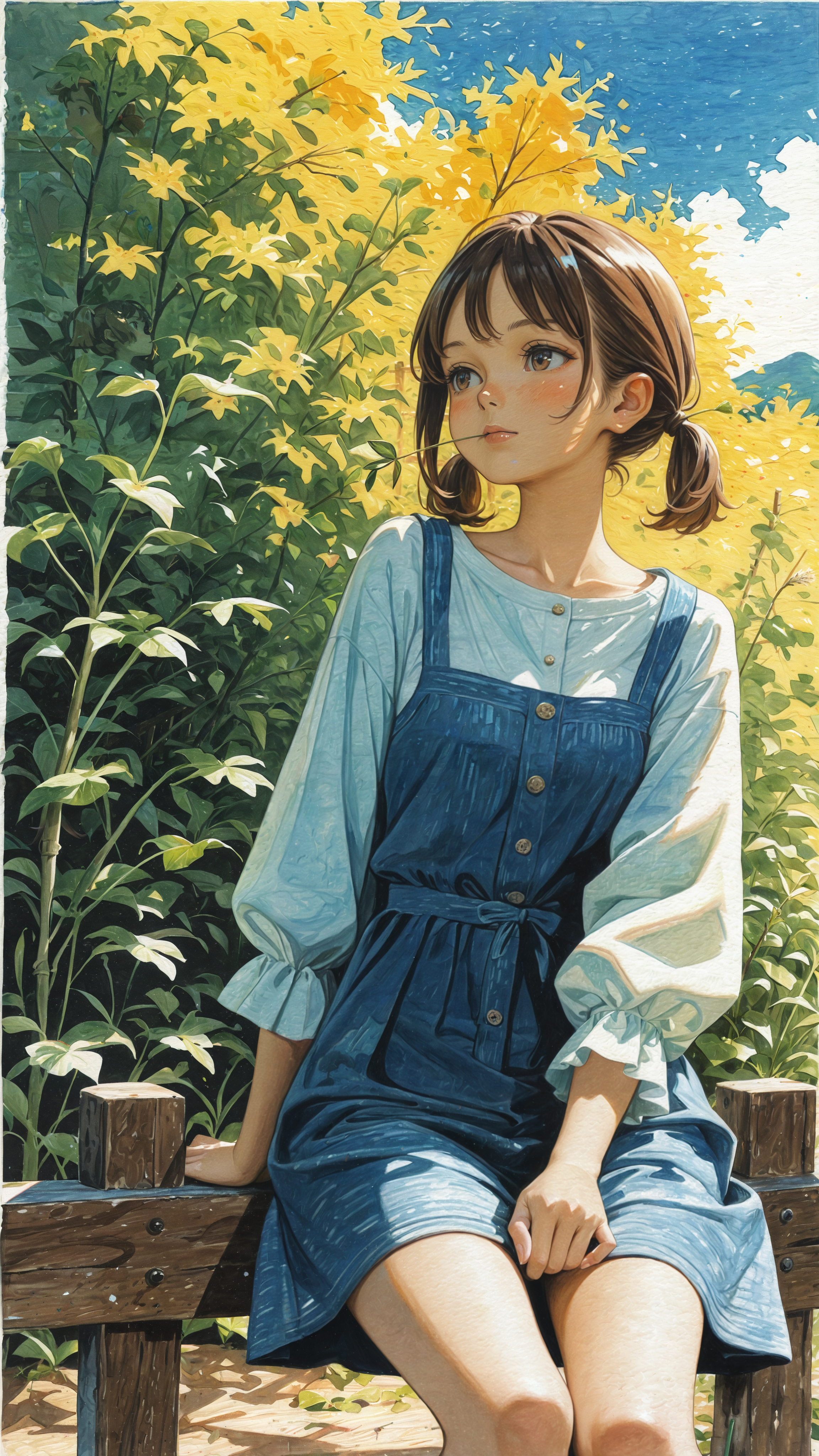 (impressionism:1.5), traditional media, painting \(medium\), 
1girl, wooden fence, stalk in mouth, sitting on a fence, short twintails, brown hair, short hair,