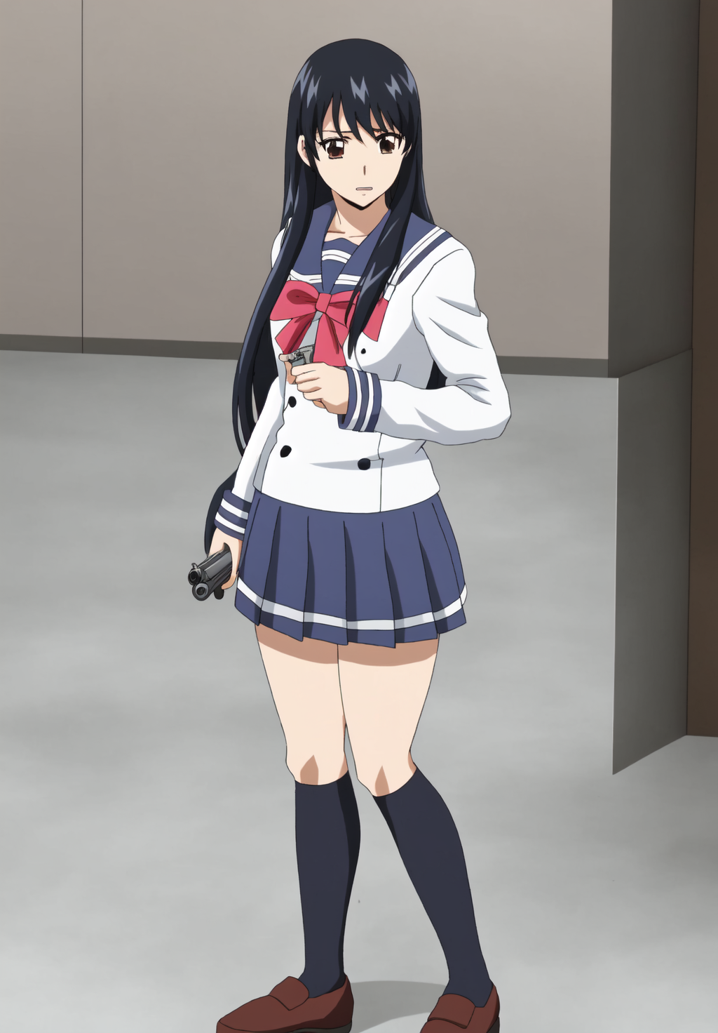 <lora:Yuri_Honjo:0.8>, Yuri_Honjo, 1girl, solo, standing, holding gun, handgun, torn skirt