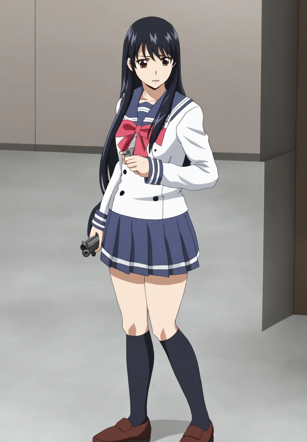 <lora:Yuri_Honjo:0.8>, Yuri_Honjo, 1girl, solo, standing, holding gun, handgun, torn skirt
