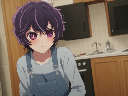 abikosamejima, 1girl, short hair, purple hair, purple eyes, messy hair, solo, streaked hair, petite, <lora:AbikoSamejima-e10:0.9>, blush, shy, overalls, grey shirt, long sleeves zPDXL2