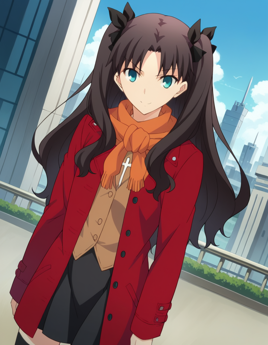 score_9, score_8_up, score_7_up, source_anime,
rintohsaka, <lora:rin-tohsaka-ubw-ponyxl-lora-nochekaiser:1>,
rin tohsaka, aqua eyes, black hair, hair ribbon, long hair, ribbon, sidelocks, two side up, parted bangs,
skirt, thighhighs, long sleeves, pleated skirt, black thighhighs, black skirt, scarf, zettai ryouiki, coat, red coat, orange scarf,
outdoors, cityscape, smile,
looking at viewer, dutch angle, cowboy shot,