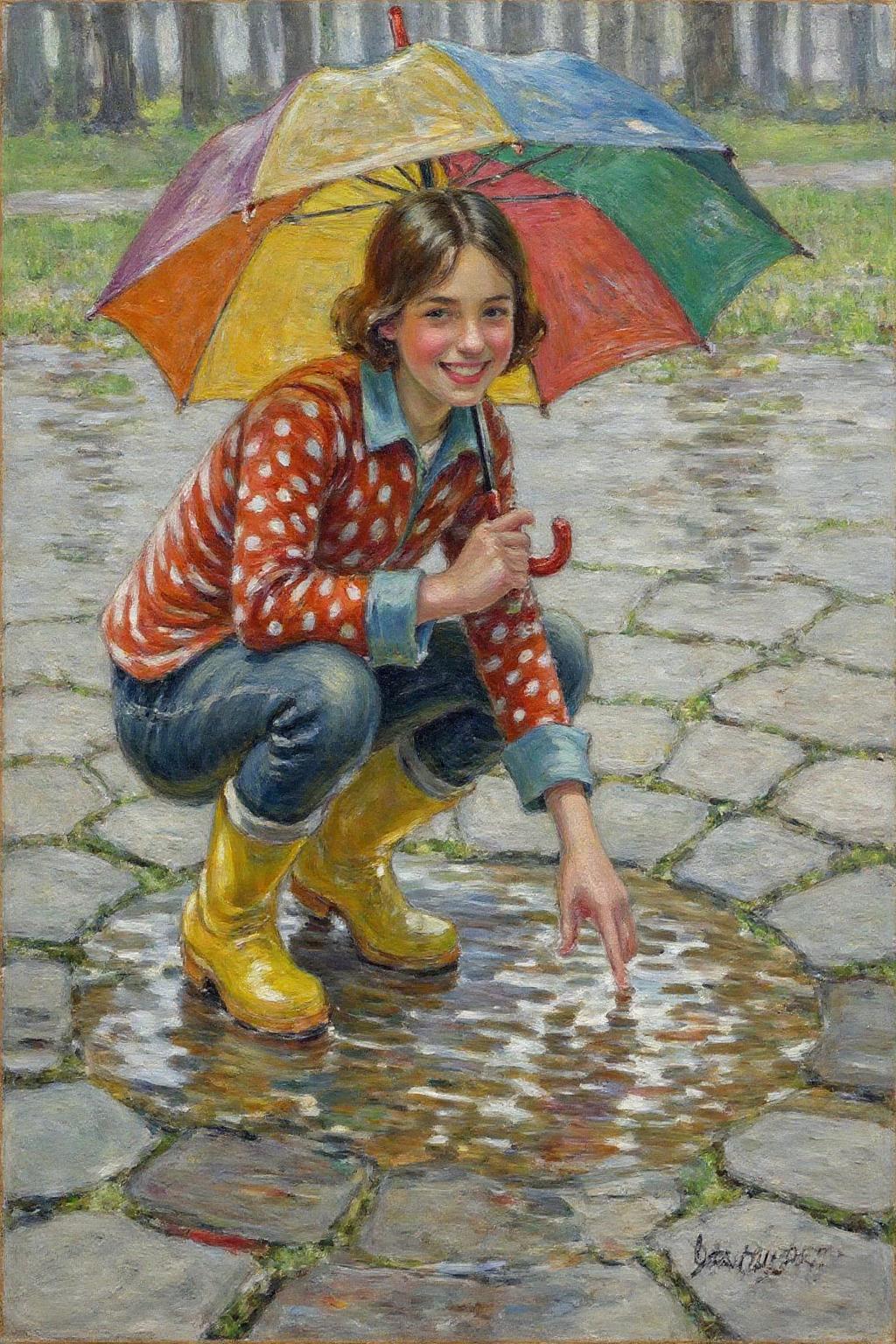dorotheasharp1 painting. 
A young woman, angled from slightly above and to the right, crouching low to the ground in a puddle. The young woman is wearing bright yellow rubber boots and a red jacket with white polka dots. The jacket sleeves are pushed up to reveal blue cuffs. The young woman also wears dark blue jeans and has a smile on her face as she extends her right index finger to touch the water in the puddle. She holds a large, open umbrella with rainbow-colored panels and a red handle over her.
The ground is wet and paved with grey stones, reflecting the sky and umbrella. The background is slightly blurred, showing hints of green grass and trees. The lighting is overcast and diffused, typical of a rainy day. <lora:dorotheasharp1_f16:1.0><lora:867751233866223444:0>