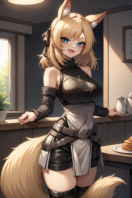 score_9, score_8_up, score_7_up, , rating_general,1girl ,wssd, animal ears, tail, hair ribbon, ribbed sweater, bare shoulders, breastplate, long sleeves, pouch belt, black shorts, pelvic curtain, black thighhighs, source_anime, smile, :3,  skin fang, open mouth, naughty face, <lora:WhislashPDCAMEv2L AK-000006:1>, portrait, indoors,