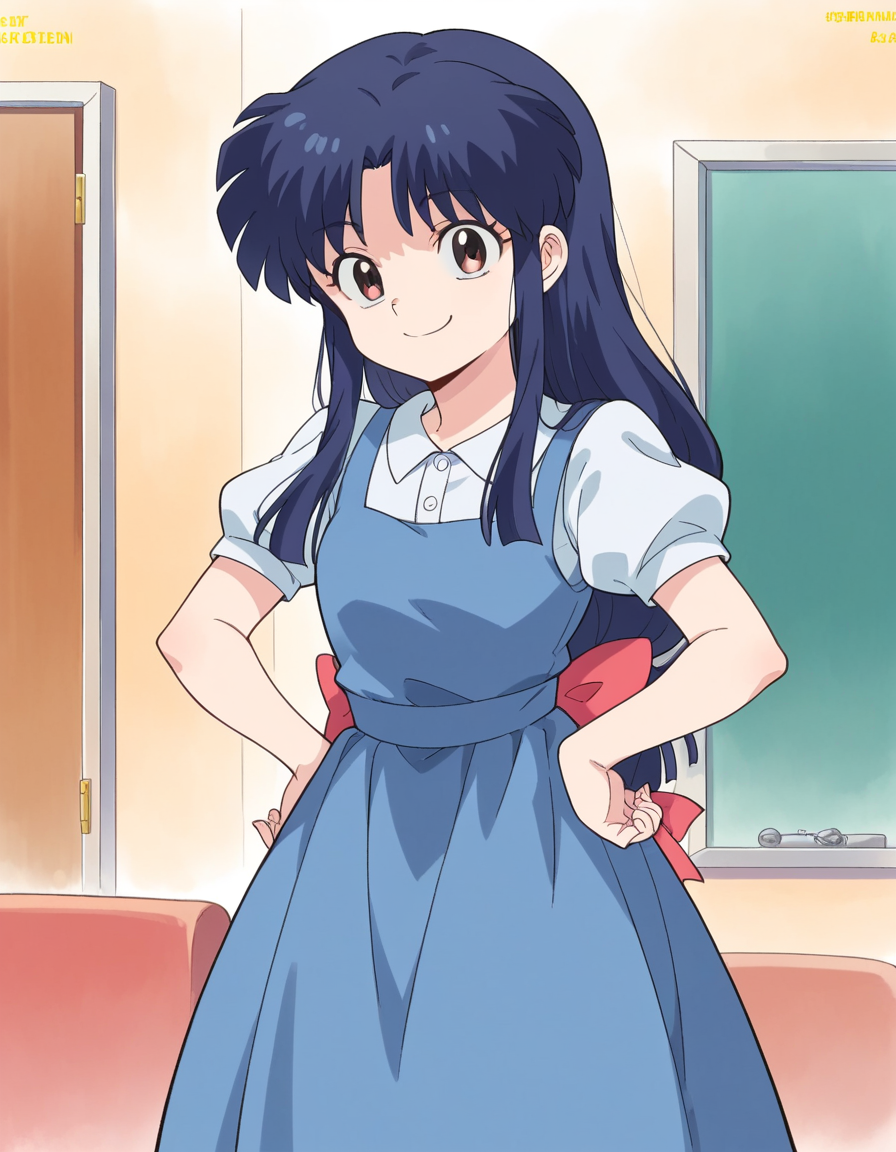 score_9, score_8_up, score_7_up, source_anime, <lora:akane-tendou-leak-ponyxl-lora-nochekaiser:1>, akane tendo, long hair, black hair, brown eyes, blue hair, sidelocks,, school uniform, pinafore dress, short sleeves, collared shirt, puffy sleeves, blue dress,, indoors, smug, smile, looking at viewer, solo, hands on hips,, cowboy shot, dutch angle