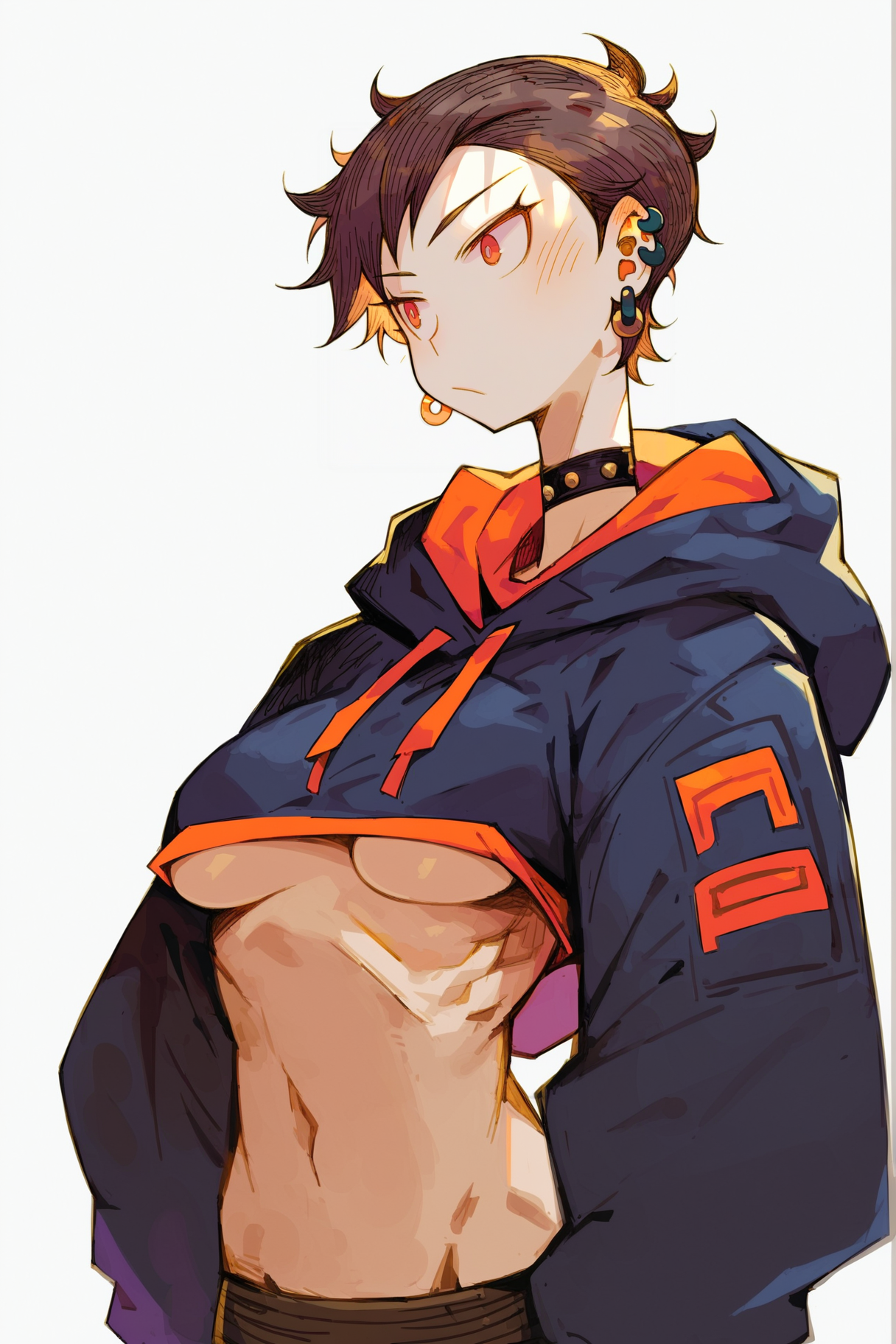 score_9, score_8_up, score_7_up, score_6_up, score_5_up, score_4_up, 1girl, solo, breasts, navel, short hair, jewelry, simple background, earrings, medium breasts, midriff, white background, crop top, choker, hood, piercing, underboob, ear piercing, blush, hoodie, brown hair, black hair