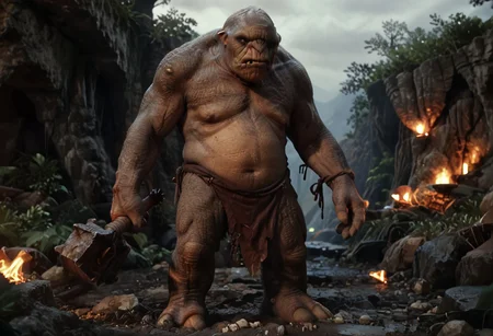 zpdxl3, score_7_up, score_8_up, male focus, full body, wide view, movie screenshot, movie still, cinematic, 
BREAK,
LOTRoll,monster, cave troll, loincloth, multicolored skin, full body, holding weapon, outdoors, cave setting, nighttime,