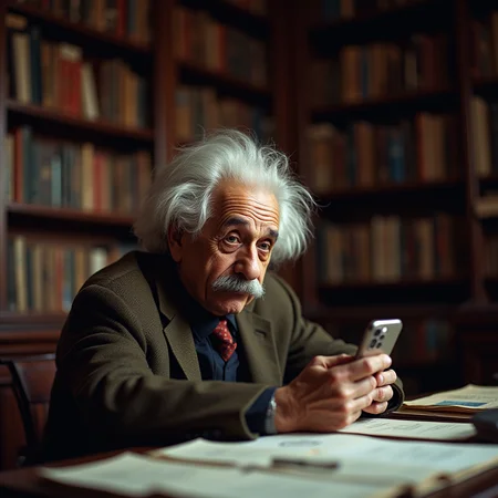 A candid photograph of Albert Einstein looking intently at an iPhone with a visible three-lens camera. He is holding the phone in one hand, with his iconic disheveled hair and mustache clearly visible. The scene is set in a cozy room filled with tall, overflowing bookshelves, with books of various sizes and colors. Einstein is seated at a wooden desk, surrounded by papers and scientific notes. The lighting is warm and ambient, casting soft shadows that highlight the texture of his face and the old, well-worn books. The overall atmosphere is a mix of curiosity and quiet intellect. Close-up shot, slight side view, shallow depth of field, natural lighting, nostalgic tone, shot on Fujifilm Provia 100F.