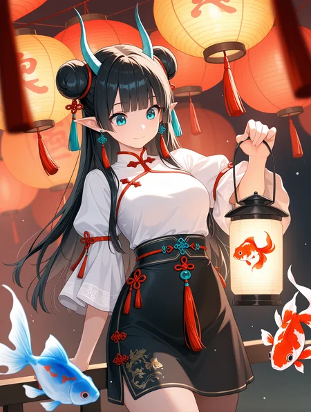 1girl, solo, long hair, blue eyes, black hair, aqua eyes, happy, closed mouth,medium breasts, hair bun, double bun, horns,blunt bangs, looking at object, looking at lantern, holding lantern,bend over, shirt, skirt, long sleeves, ribbon, jewelry, white shirt, short sleeves, earrings, pointy ears, black skirt, puffy short sleeves, chinese clothes, tassel, lantern, tassel earrings, paper lantern, goldfish, tassel hair ornament, koi, flying fishï¼, Blurred foreground,depth of field, cowboy shot,
,masterpiece,best quality,amazing quality,